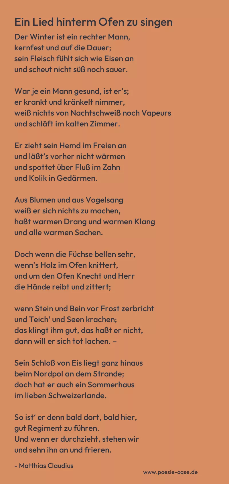 Gedicht: Ein Lied hinterm Ofen zu singen von Matthias Claudius