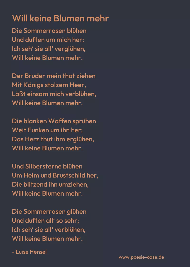 Gedicht: Will keine Blumen mehr von Luise Hensel