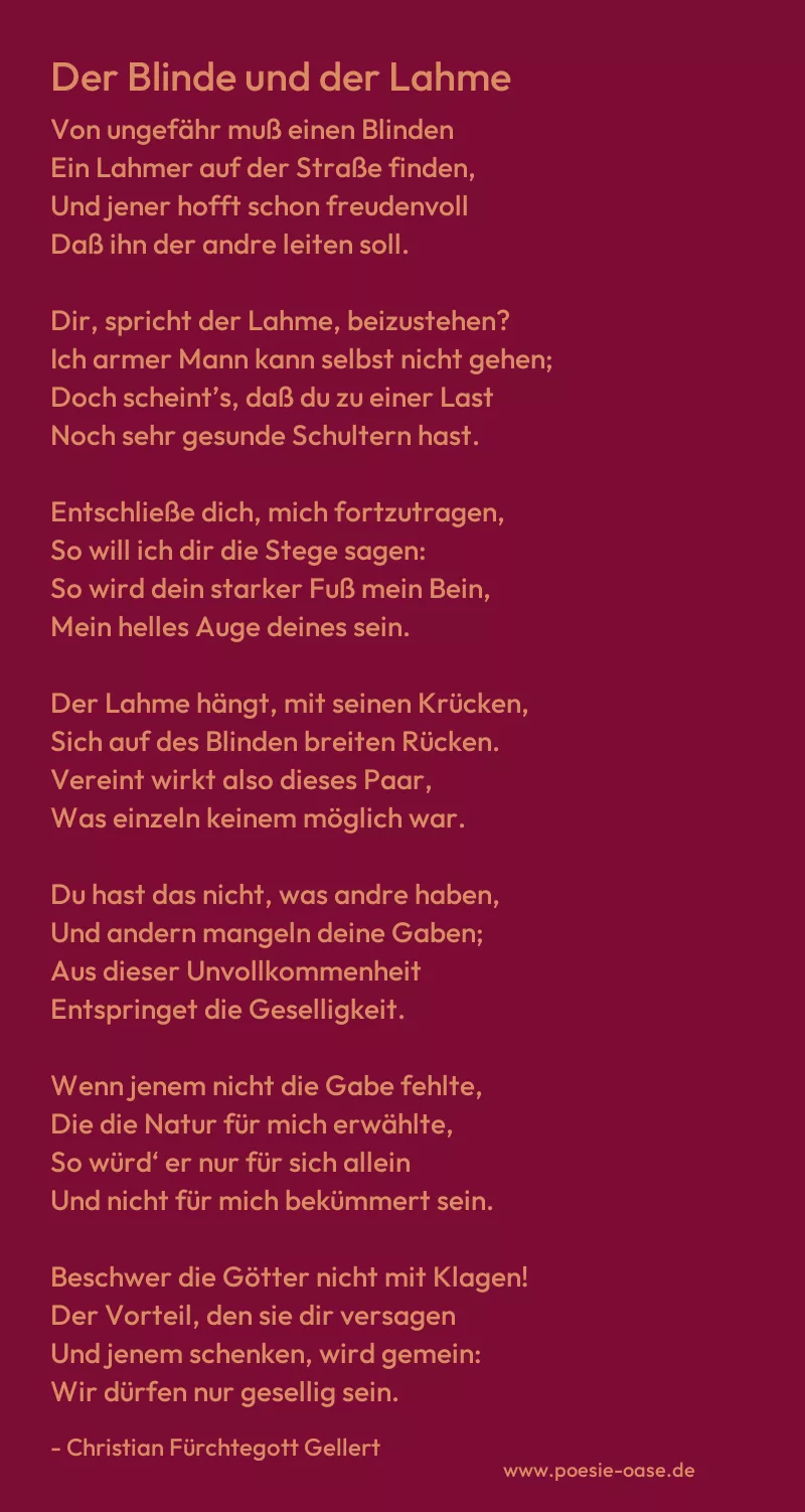 Gedicht: Der Blinde und der Lahme von Christian Fürchtegott Gellert