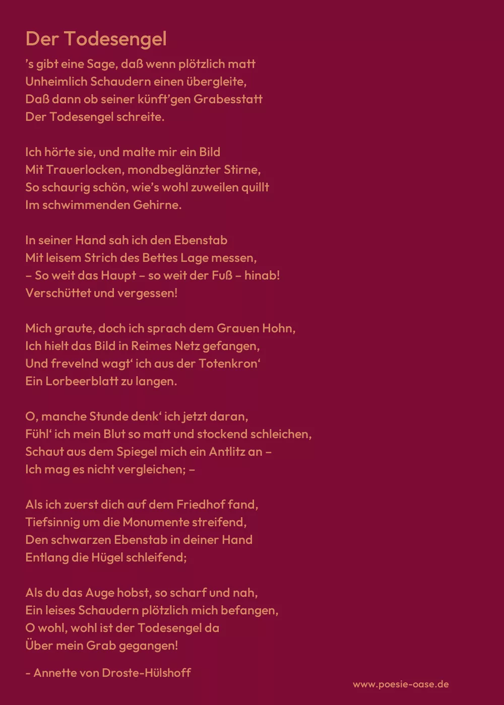 Gedicht: Der Todesengel von Annette von Droste-Hülshoff