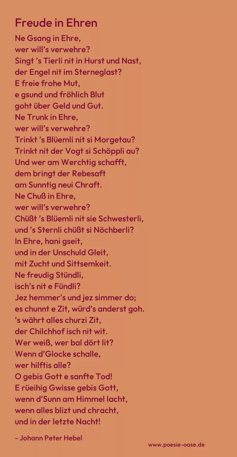 Gedicht: Freude in Ehren von Johann Peter Hebel