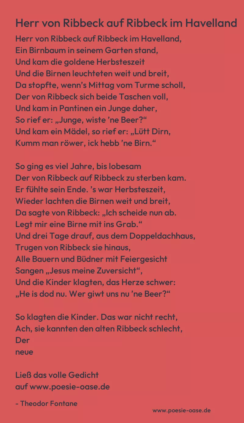 Gedicht: Herr von Ribbeck auf Ribbeck im Havelland von Theodor Fontane