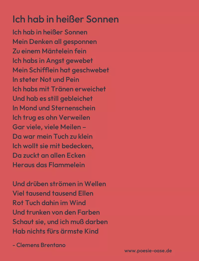 Gedicht: Ich hab in heißer Sonnen von Clemens Brentano