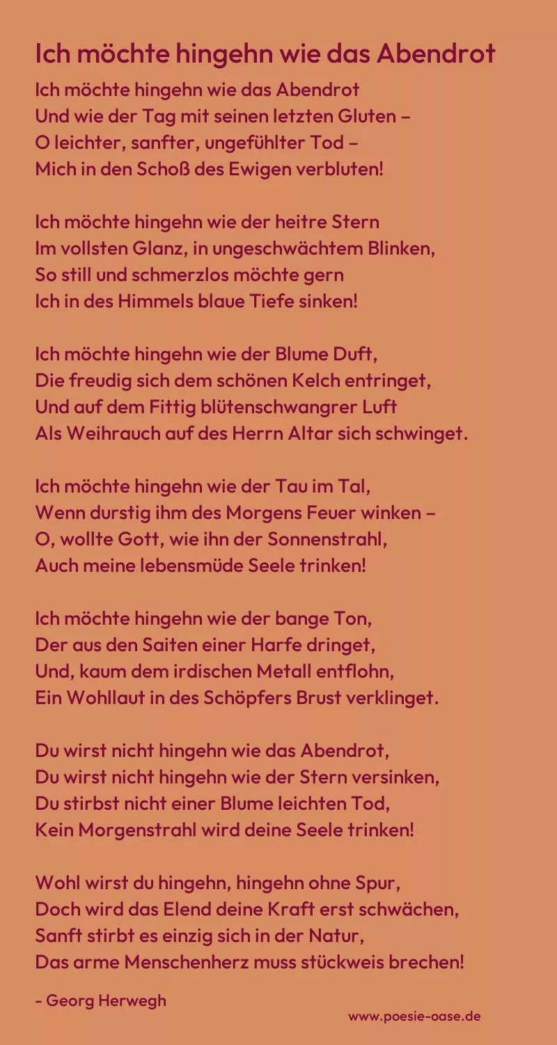 Gedicht: Ich möchte hingehn wie das Abendrot von Georg Herwegh