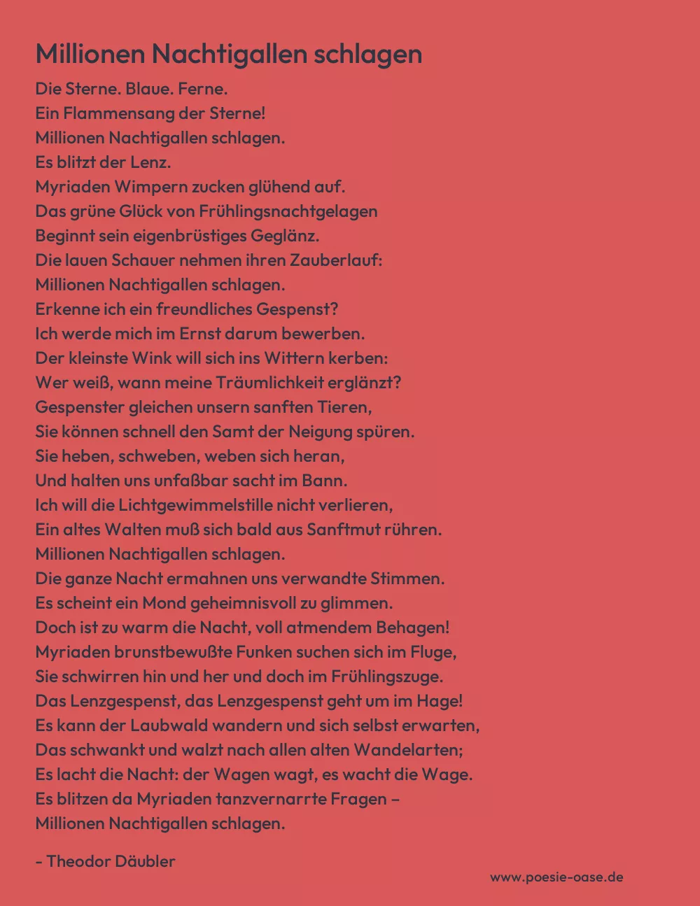 Gedicht: Millionen Nachtigallen schlagen von Theodor Däubler
