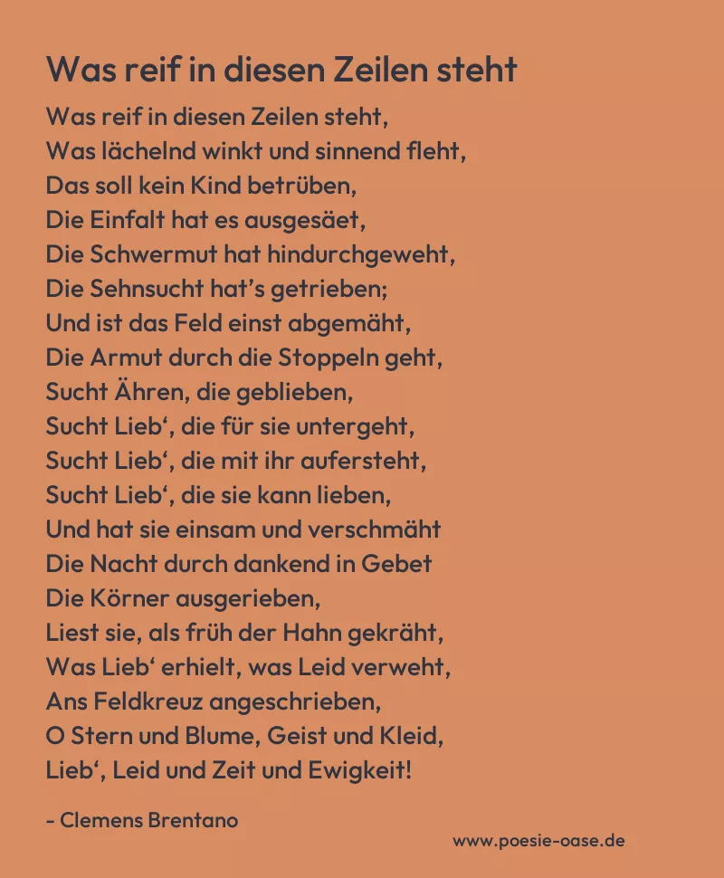 Gedicht: Was reif in diesen Zeilen steht von Clemens Brentano