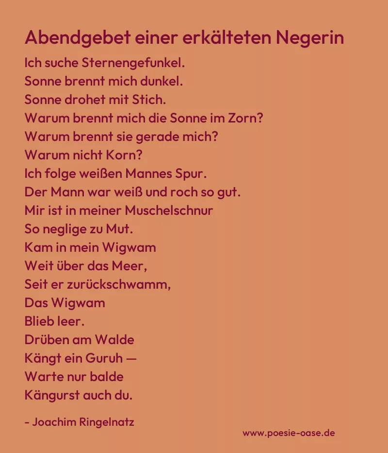 Gedicht: Abendgebet einer erkälteten Negerin von Joachim Ringelnatz
