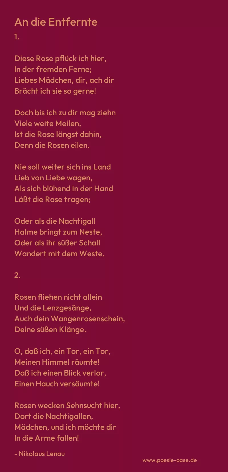 Gedicht: An die Entfernte von Nikolaus Lenau