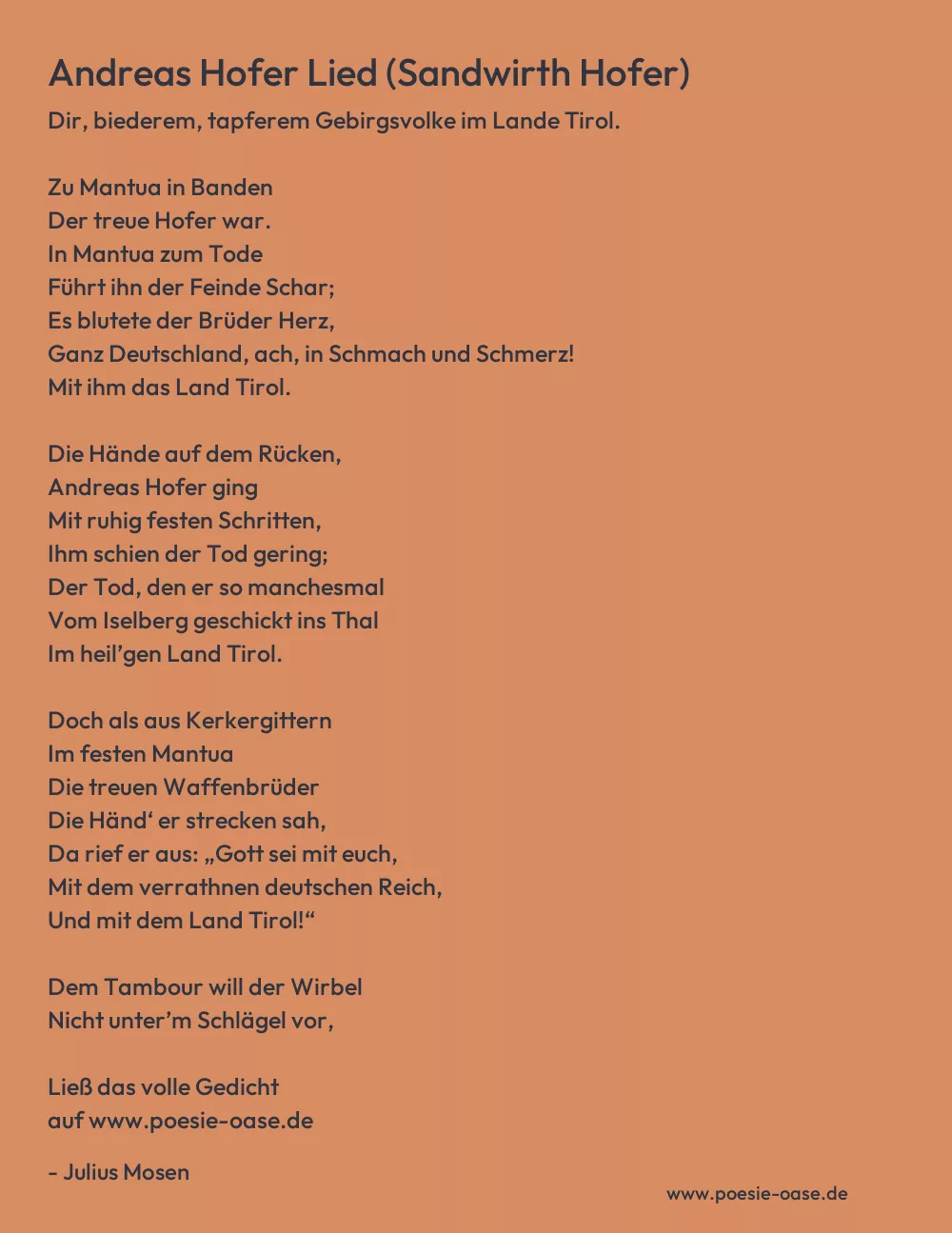 Gedicht: Andreas Hofer Lied (Sandwirth Hofer) von Julius Mosen