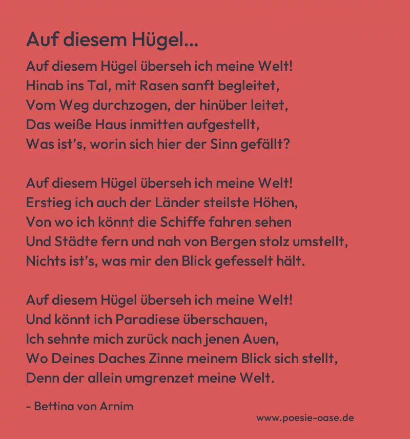 Gedicht: Auf diesem Hügel… von Bettina von Arnim