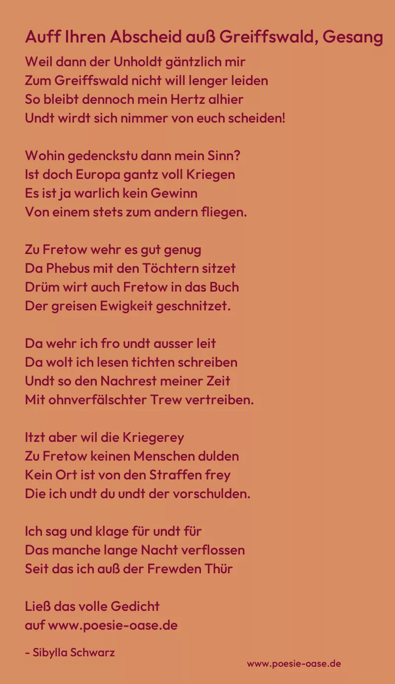 Gedicht: Auff Ihren Abscheid auß Greiffswald, Gesang von Sibylla Schwarz