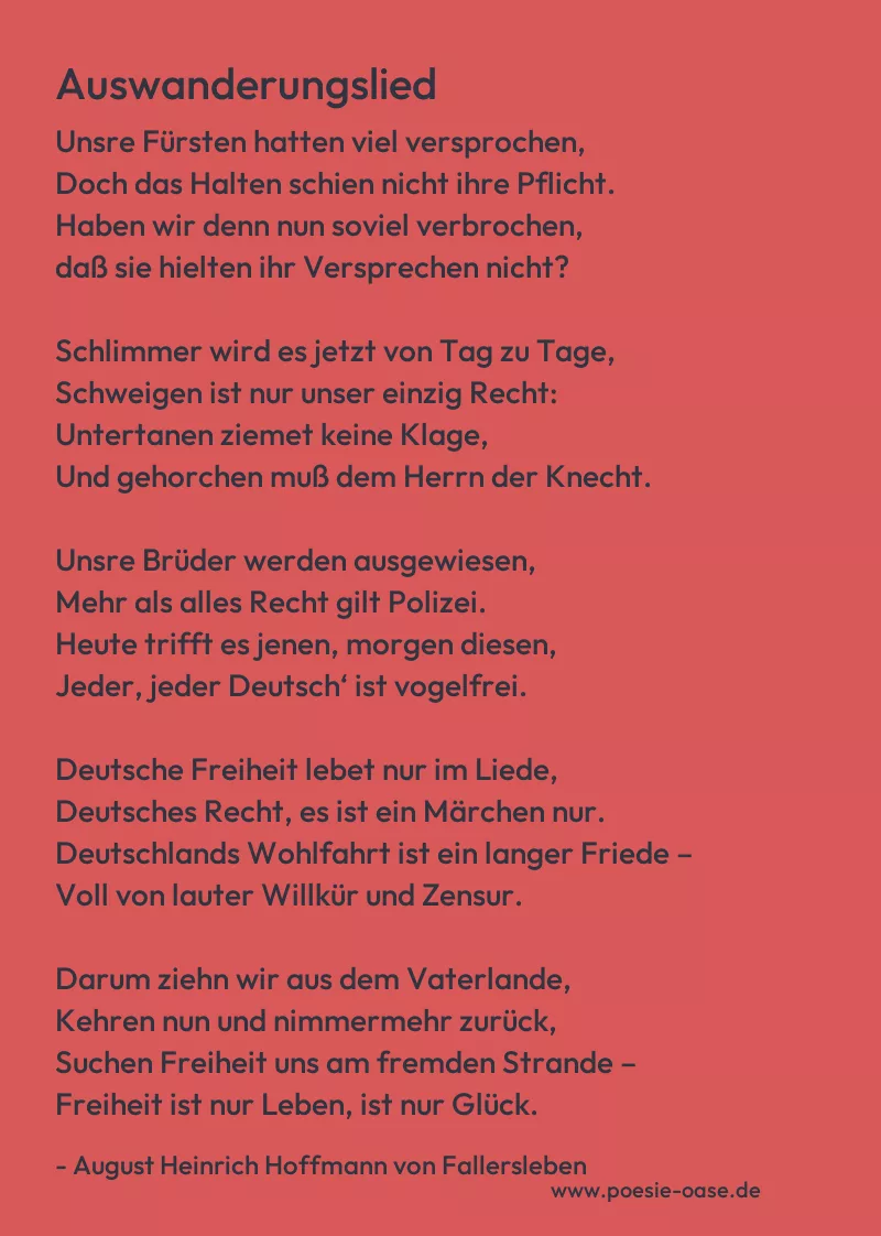 Gedicht: Auswanderungslied von August Heinrich Hoffmann von Fallersleben