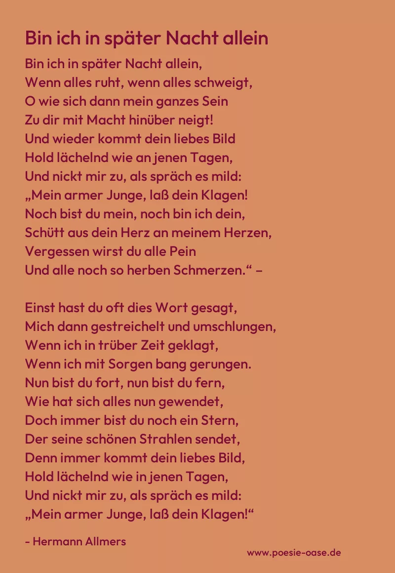 Gedicht: Bin ich in später Nacht allein von Hermann Allmers