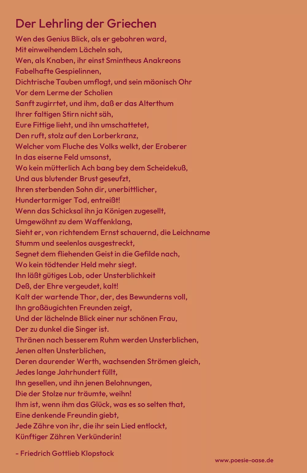 Gedicht: Der Lehrling der Griechen von Friedrich Gottlieb Klopstock