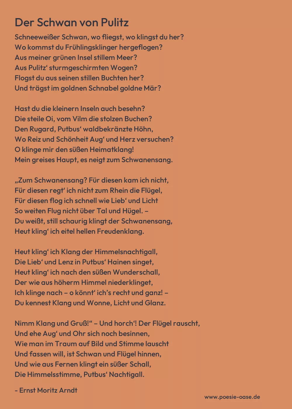 Gedicht: Der Schwan von Pulitz von Ernst Moritz Arndt