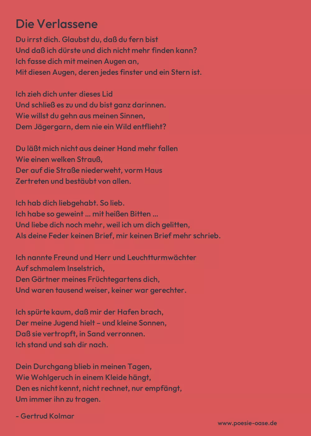 Gedicht: Die Verlassene von Gertrud Kolmar