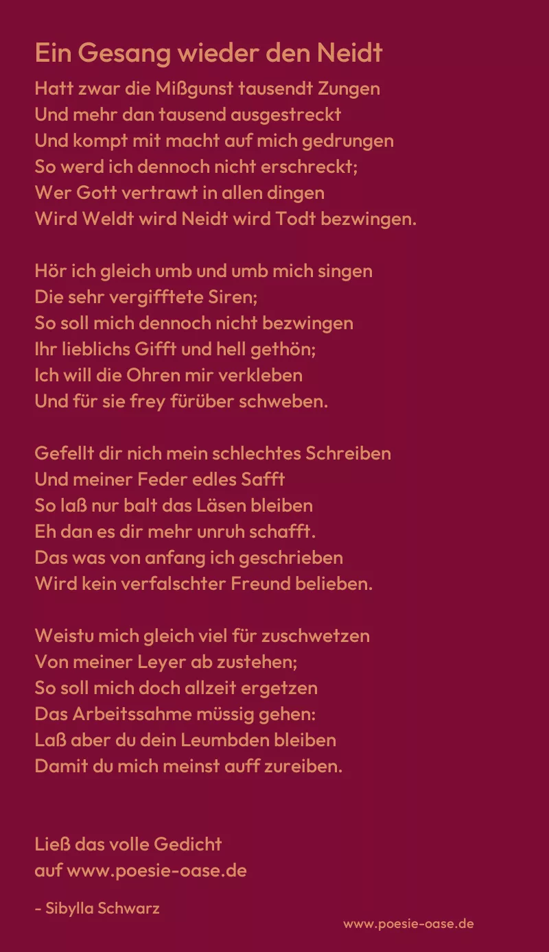 Gedicht: Ein Gesang wieder den Neidt von Sibylla Schwarz