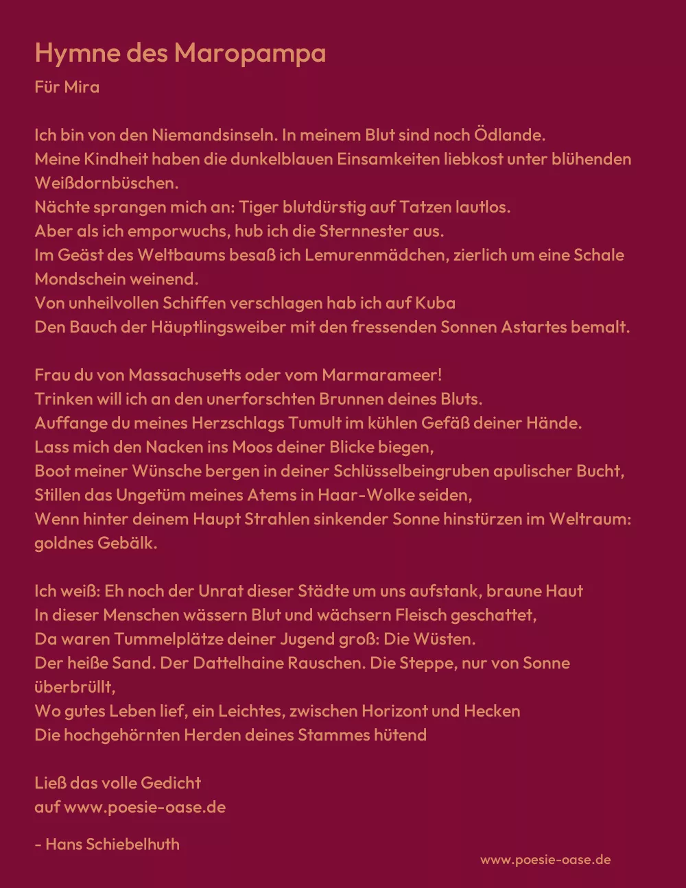 Gedicht: Hymne des Maropampa von Hans Schiebelhuth