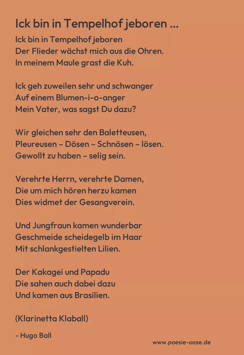 Gedicht: Ick bin in Tempelhof jeboren … von Hugo Ball