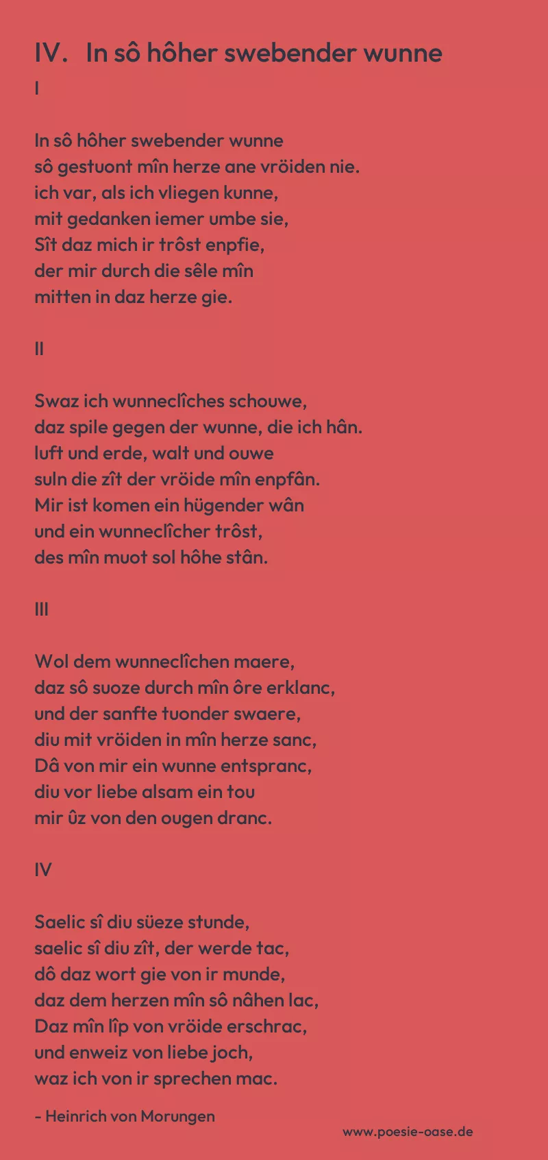 Gedicht: IV. In sô hôher swebender wunne von Heinrich von Morungen