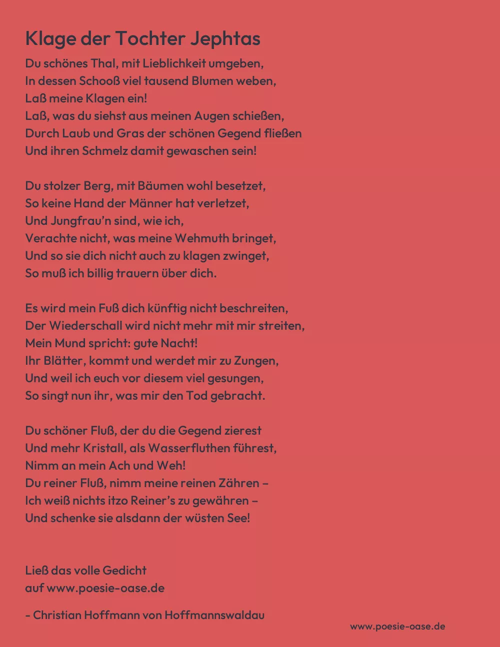 Gedicht: Klage der Tochter Jephtas von Christian Hoffmann von Hoffmannswaldau