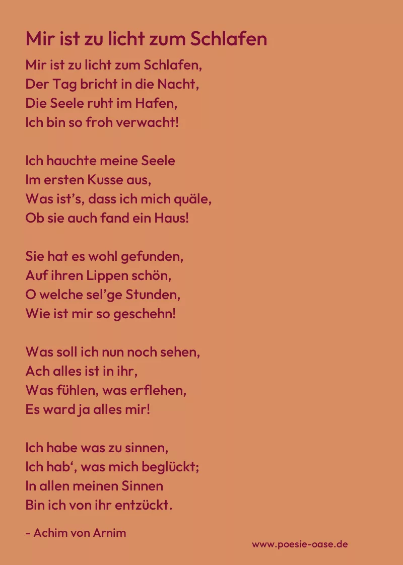Gedicht: Mir ist zu licht zum Schlafen von Achim von Arnim