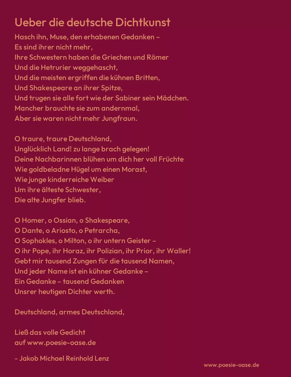 Gedicht: Ueber die deutsche Dichtkunst von Jakob Michael Reinhold Lenz