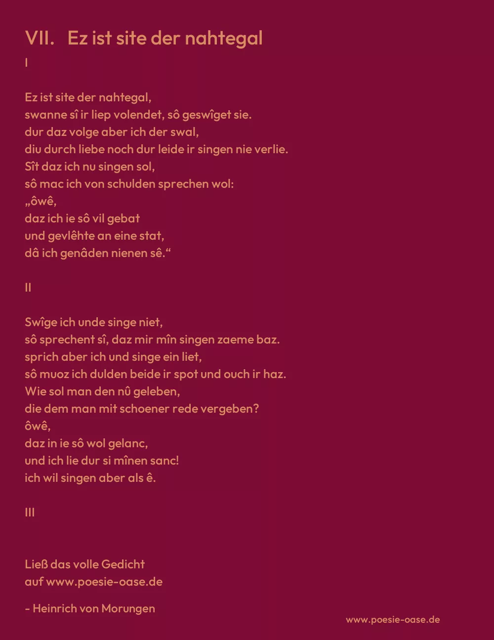 Gedicht: VII.   Ez ist site der nahtegal von Heinrich von Morungen