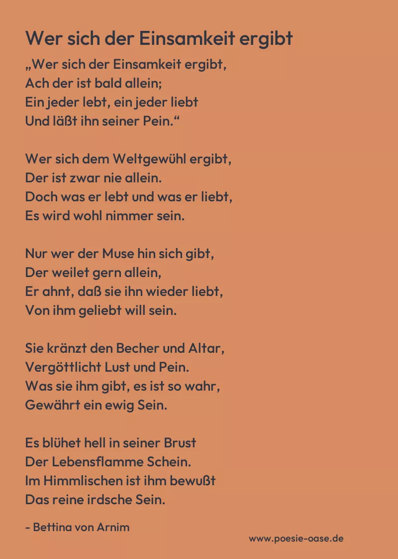 Gedicht: Wer sich der Einsamkeit ergibt von Bettina von Arnim