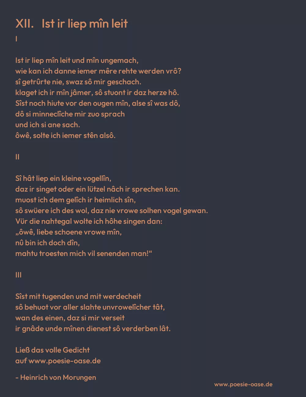 Gedicht: XII.   Ist ir liep mîn leit von Heinrich von Morungen