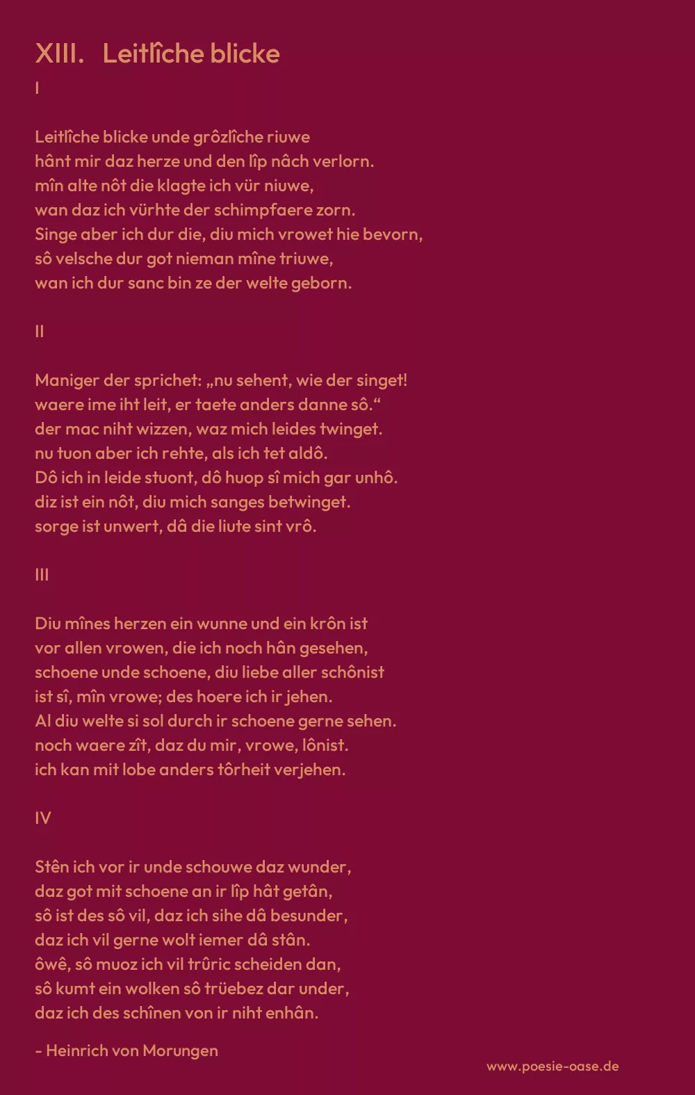 Gedicht: XIII. Leitlîche blicke von Heinrich von Morungen