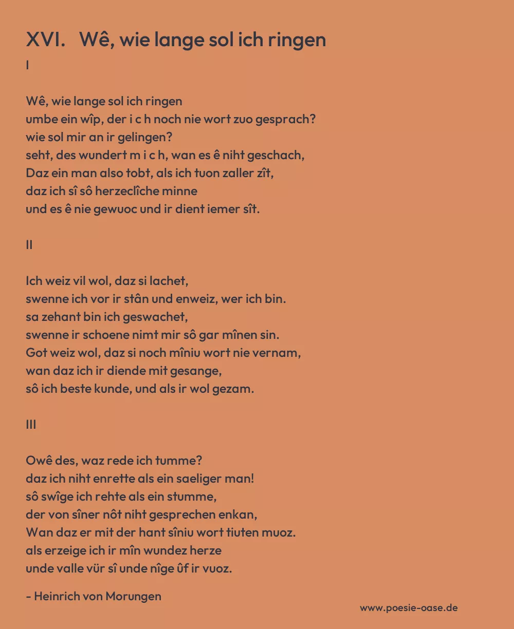 Gedicht: XVI. Wê, wie lange sol ich ringen von Heinrich von Morungen