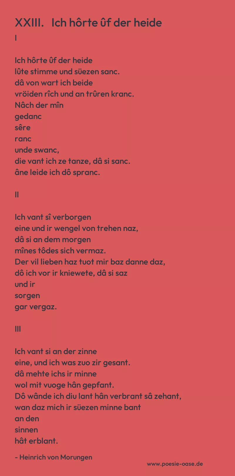 Gedicht: XXIII. Ich hôrte ûf der heide von Heinrich von Morungen