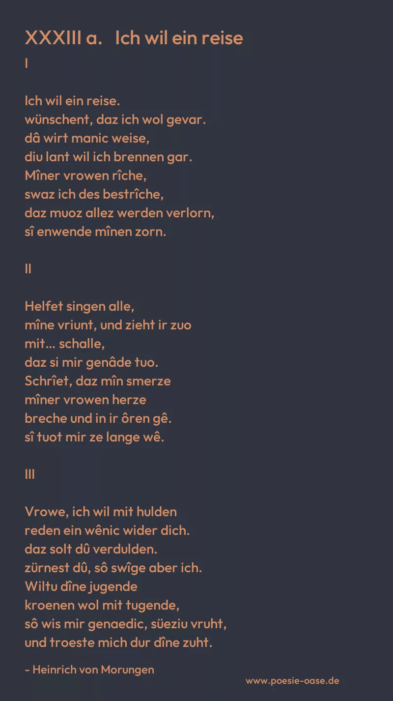 Gedicht: XXXIII a. Ich wil ein reise von Heinrich von Morungen