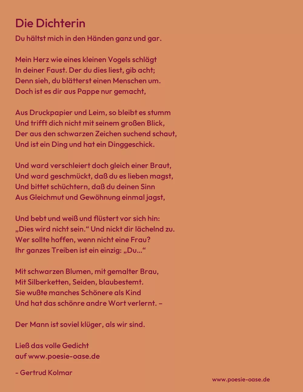 Gedicht: Die Dichterin von Gertrud Kolmar