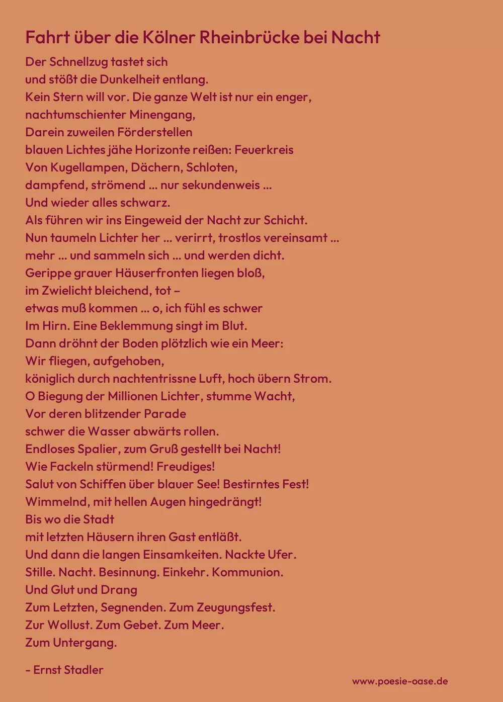 Gedicht: Fahrt über die Kölner Rheinbrücke bei Nacht von Ernst Stadler