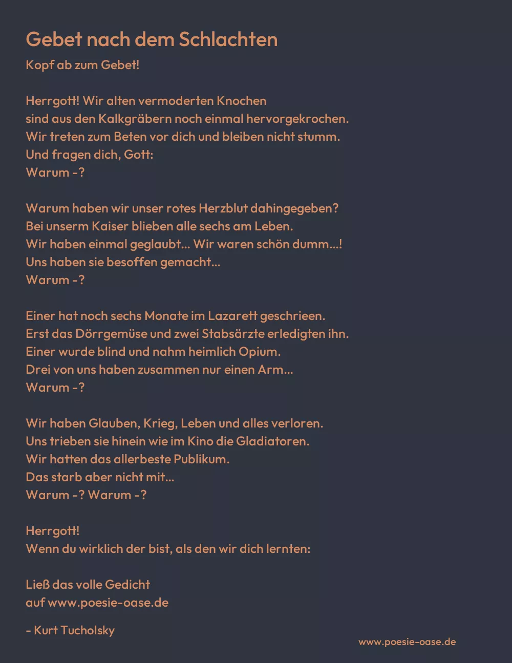 Gedicht: Gebet nach dem Schlachten von Kurt Tucholsky