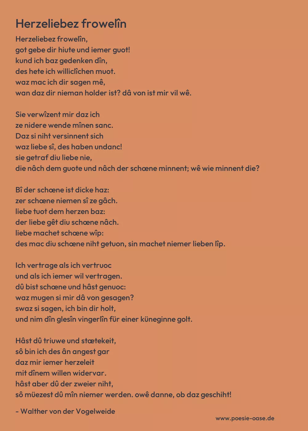Gedicht: Herzeliebez frowelîn von Walther von der Vogelweide