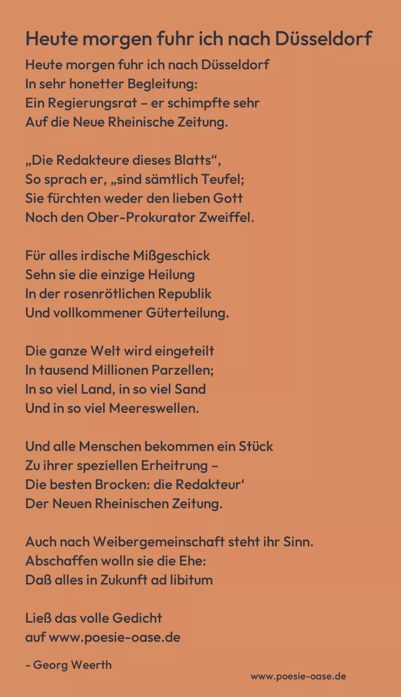 Gedicht: Heute morgen fuhr ich nach Düsseldorf von Georg Weerth