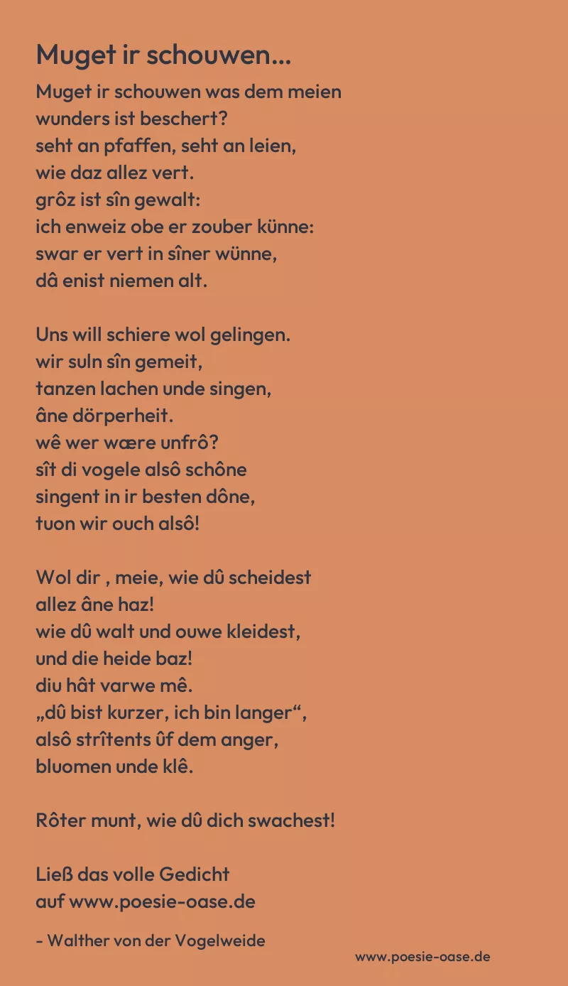 Gedicht: Muget ir schouwen… von Walther von der Vogelweide