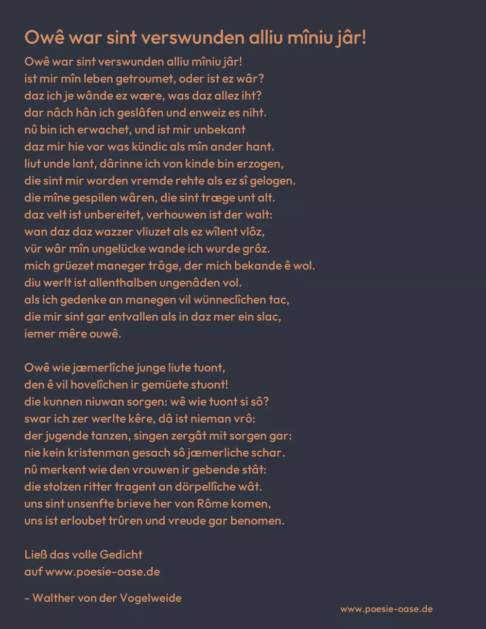 Gedicht: Owê war sint verswunden alliu mîniu jâr! von Walther von der Vogelweide