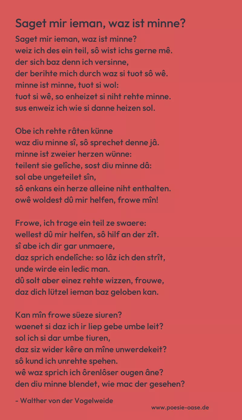 Gedicht: Saget mir ieman, waz ist minne? von Walther von der Vogelweide