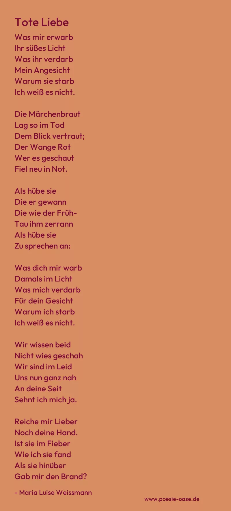 Gedicht: Tote Liebe von Maria Luise Weissmann