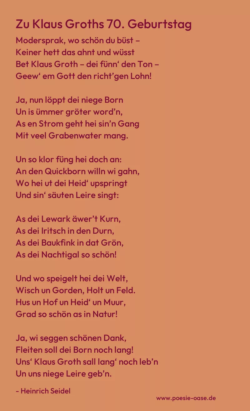 Gedicht: Zu Klaus Groths 70. Geburtstag von Heinrich Seidel