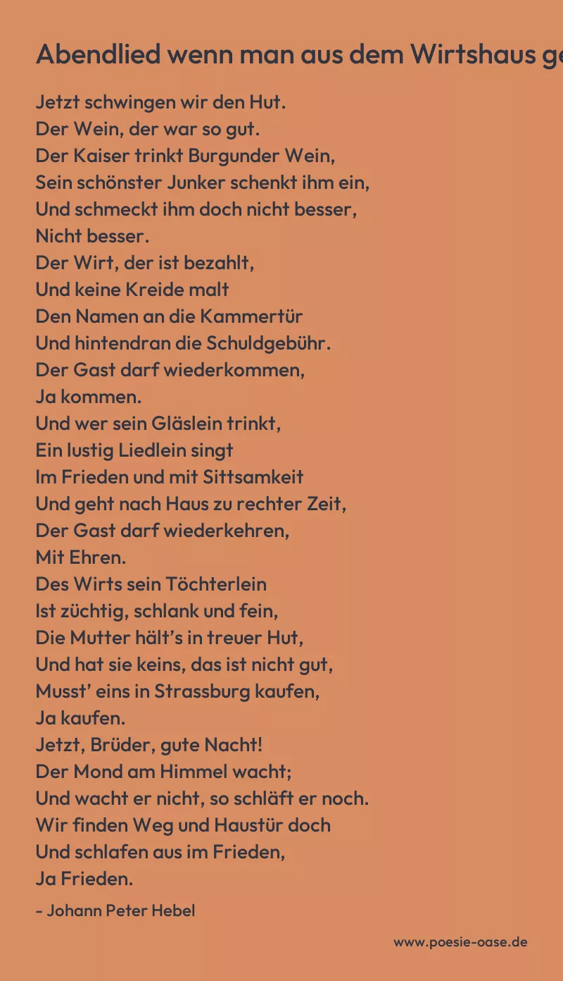 Gedicht: Abendlied wenn man aus dem Wirtshaus geht von Johann Peter Hebel