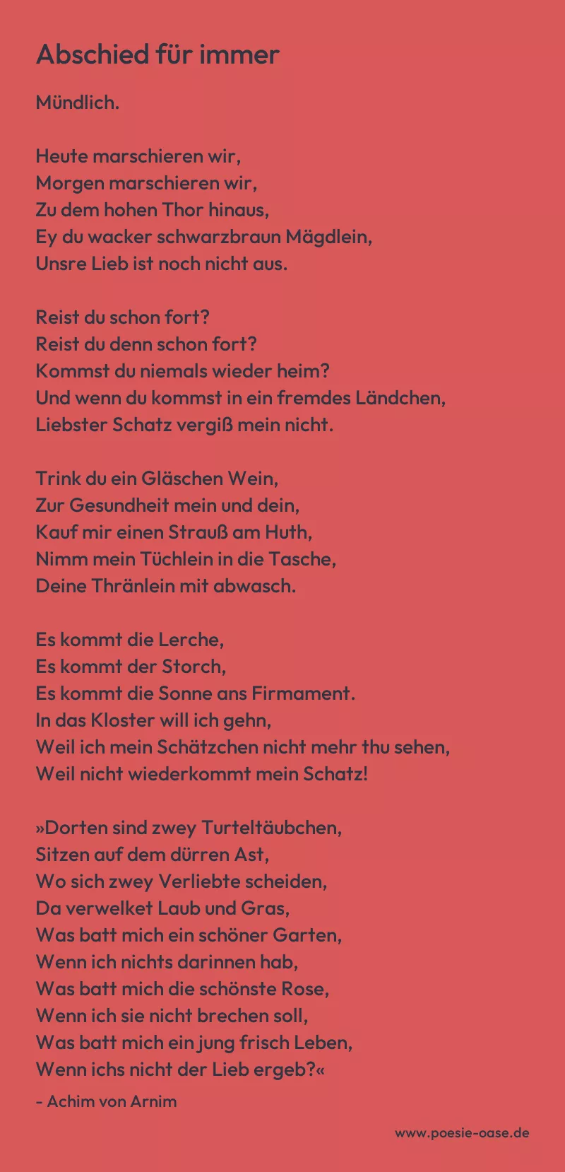 Gedicht: Abschied für immer von Achim von Arnim