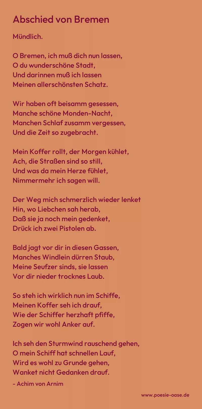 Gedicht: Abschied von Bremen von Achim von Arnim