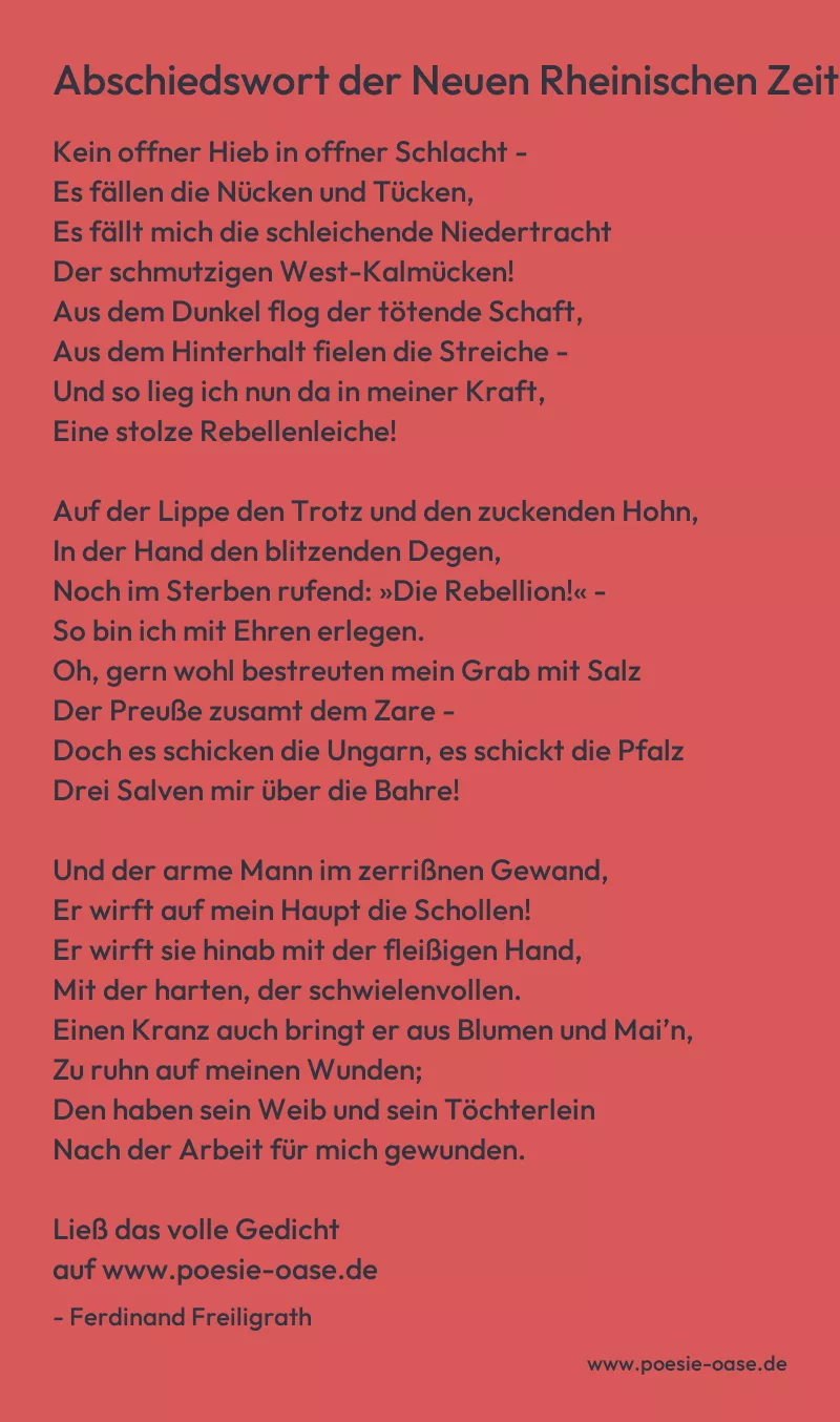Gedicht: Abschiedswort der Neuen Rheinischen Zeitung von Ferdinand Freiligrath