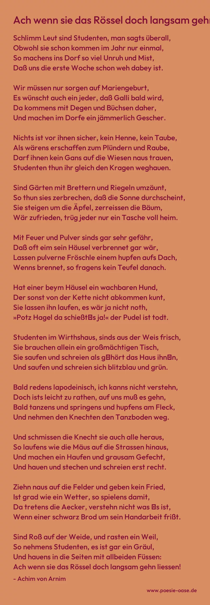 Gedicht: Ach wenn sie das Rössel doch langsam gehn liessen von Achim von Arnim