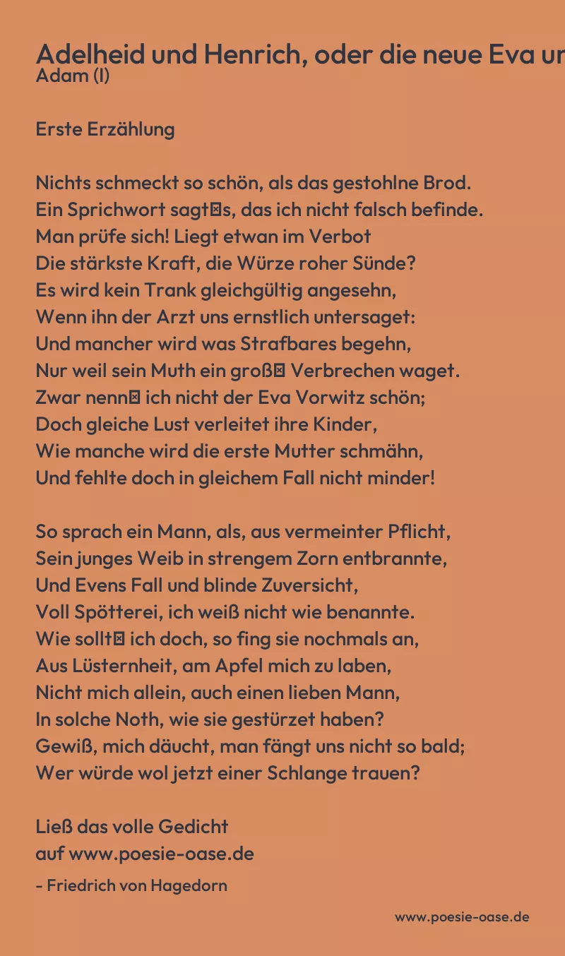 Gedicht: Adelheid und Henrich, oder die neue Eva und der neue Adam (I) von Friedrich von Hagedorn